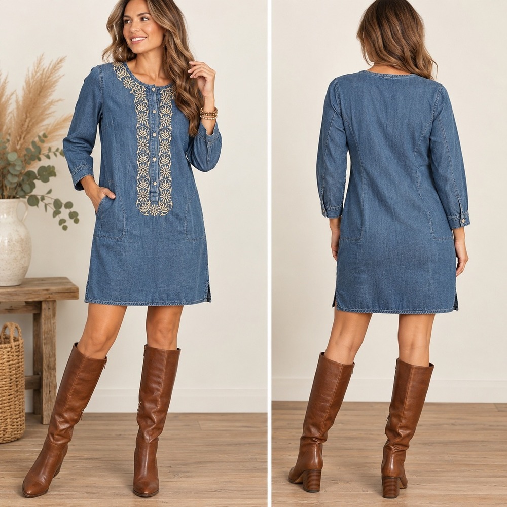 3295 | J. Jill Embroidered Chambray Shift Tunic Dress Blue Boho Women MP Rodeo